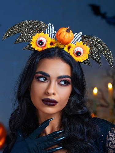 IYOU Bandeau Halloween Orange Serre-tête Ailes de Chauve-Souris Bandeaux de Cheveux Party Cosplay Costume Accessoires de Cheveux pour Femmes et Filles