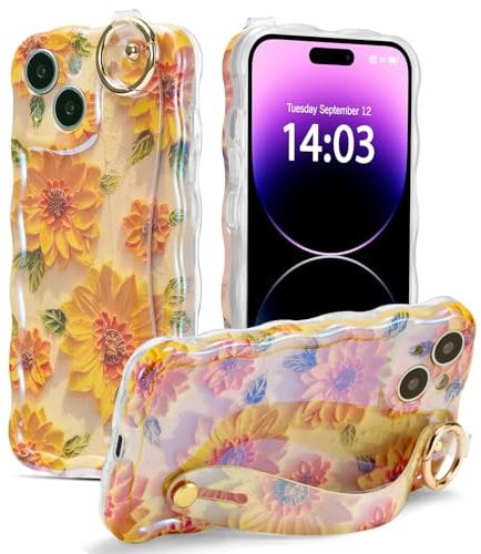 EYZUTAK Case with Hand Strap for iPhone 14, Colorful Oil Painting Flower With Wristband Kickstand Laser Curly Wave Edge Case Durable TPU Protective Cover for Women - Sunflower/Yellow