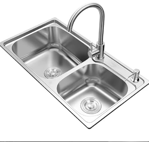 Fregadero de cocina de doble seno, fregadero con grifo, lavavajillas con moldura integrada engrosada, fregadero de acero inoxidable de montaje superior/empotrable, para garaje, lavadero, restaurante