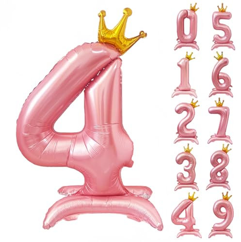 42 Zoll Rosa Zahl Ballon Stehende Zahl 4 Luftballon mit Krone Rosa Krone Ballon Zahlen 0-9 Groß Helium Ballons für Geburtstag Party Dekorationen Hochzeit Deko