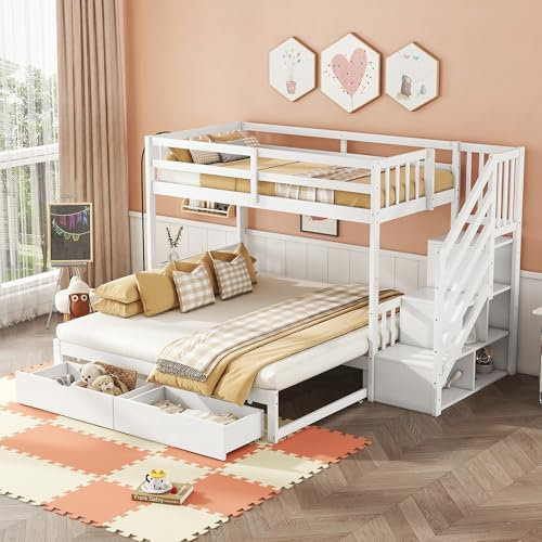Aoskem Kinderbett Etagenbett 90x200 cm mit Ausziehbares unteres Bett 180x200 cm, Hochbett mit Stauraum Treppe & 2 Schubladen, Holzbett Bettgestell mit Rausfallschutz und Lattenrost, Ohne Matratze Weiß