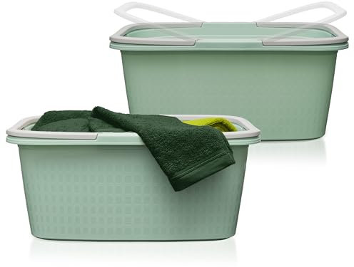 Hausfelder Wäschewanne 58x37x25cm mit Henkel – Wäschewannen 2er Set - Stabil & Wetterfest - Wäschekörbe 35 l mit Henkeln & Griffen (Jadegrün, 2 Wannen)