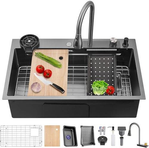 Fregadero De Cocina Cascada De Un Solo Tazón - Acero Inoxidable Con Grifo Multifuncional Y Varios Accesorios (Negro, 76x50cm)