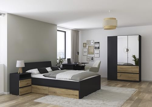 Rauch Möbel Joel, Jugendzimmer, komplettes Schlafzimmer, bestehend aus Bett mit Schubladen 140x200cm,1 Nachtisch, 1 Schreibtisch, Drehtürenschrank mit 2 Schubladen, Farbe Graumetallic/Eiche Artisan