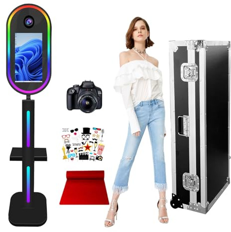 VANYA 15.6 Oval Mirror PhotoBooth With Camera, Portable Instant Mirror Photo Booth Machine Touch Screen, Build-in Mini PC, With Flight Case For Wedding Party Rental (Black）