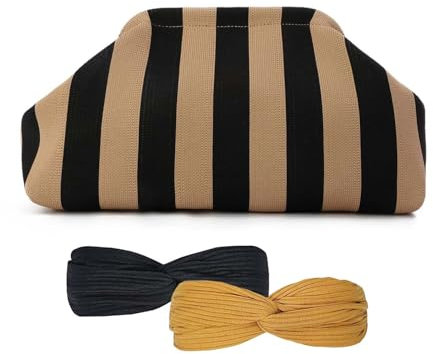 GSQITE Gestreifte Clutch Geldbörsen für Frauen gewebte Knödel tasche Bunte Häkelwolke Abend Handtasche Strand Clutch Make-up Tasche (Schwarz und Braun)