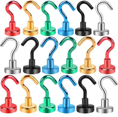 Aenienoe 18Stück Magnete mit Haken Magnethaken Extra Stark Neodym Magnetic Hooks 10kg Stanzfrei für Eisentüren Kühlschränke Küchen Kleiderablage Büro Magnethacken Hakenmagnete 6 Farben je 3 Stück
