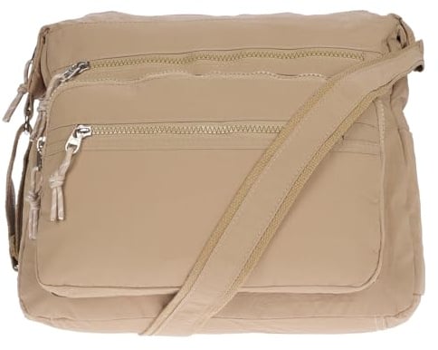Christian Wippermann Nylon Umhängetasche Damen Groß - Mittelgroß mit Zwei Hauptfächern - Verstellbarer Trageriemen bis 150 cm - Reißverschlussfächer - Tasche mit Vielen Fächern - 30x26x12 cm Khaki