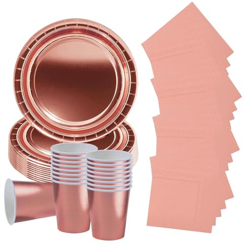 52P Metallic Rose Gold Tableware Set for Her,Girls,Rose Gold Foil Paper Plates Paper Cups and Napkins,Sparkling-Foils Papers Dinnerware Sets for Birthday,Wedding,Baby Shower Party Tableware