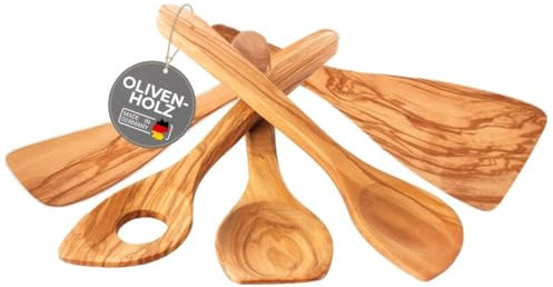 TOPANBIETER 999 Lot de 5 cuillères de cuisine de qualité supérieure + 2 spatules en bois d'olivier durable, durables et antibactériens H 30/32 cm
