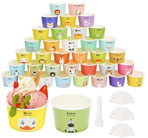 QIANAI Papier Einweg Eisschalen eisdiele eisbecher mit 35 Tierfiguren und Buchstaben, 35PCS Paper Dessertbecher 6 oz 180 ml mit 35 löffel