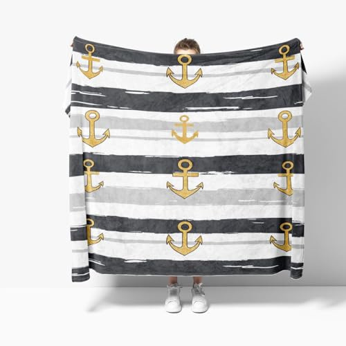 Kuscheldecke Flauschig Weiche Flanell Fleecedecke XXL 180x220 cm - Cartoon-Anker-Druck Wohndecke Warm Herbst Winter Sofadecke, Graue Streifen Tagesdecke für Erwachsene Kinder Schlafzimmer