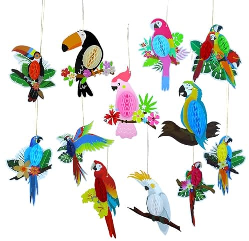 12 Stück Tropische Vögel Wabenausschnitte, Tropische Vogeldekoration,Hängend Papagei Papier Ausschnitte Deko,Hawaii Sommer Strand Luau-Party Dekorationen Safari Klassenzimmer Dekoration