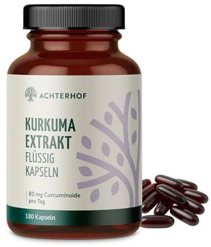 Kurkuma Extrakt Flüssig Kapseln | 180 Stück | mizellares Curcumin | 80 mg Curcuminoide pro Tagesdosis | höhere Aufnahmefähigkeit als reines Kurkuma | 90 Tage Vorrat | Achterhof
