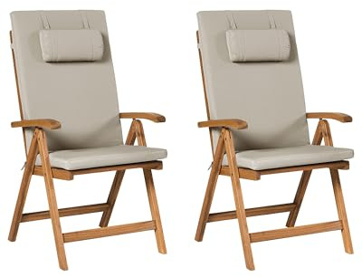 Beliani Rustic Set of 2 Garden Chairs Light Acacia Wood Folding Taupe Cushions Java Premium