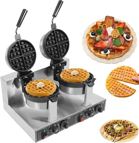 Sunseota Commercial Waffle Maker, 2400W Stainless Steel Rotating Double Head Waffle Iron Maker Non-Stick Round Belgian Waffle Cake Baker Pan Waring Breakfast Maker for Bakery, Restaurant, Snack Bar