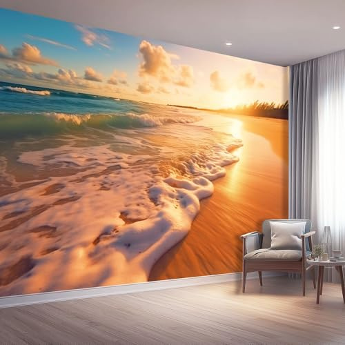 Nature Sunset Beach Photo Wallpaper, Non-Woven Decoration Poster Picture Wall Mural, Colorful Large Wall Murals Hd Printing Water Proof for Living Room Bedroom Bathroom - 200 x 140 cm (W x H)
