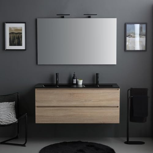 Kiamami Valentina Mobile Bagno Sospeso 120 Cm Rovere Lavabo Nero Specchio | Due cassetti, lavabo doppio in ceramica nero opaco, specchio 120x70 cm, lampada LED, legno nobilitato