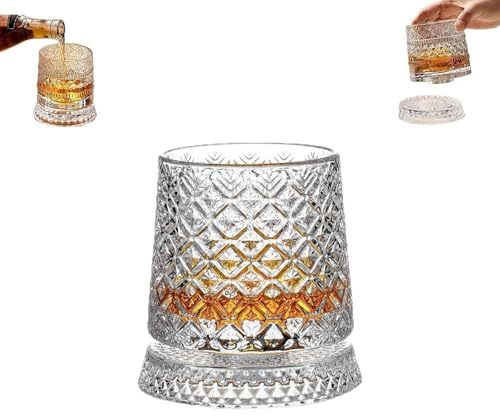 Whisky Gläser, 360° Drehbare Whiskey Gläser mit Stabilem Entkoppeltem Sockel, 260 ml Kristallgläser mit 3D-Reliefmuster für Rum Whisky Gin Cocktail, Barzubehör für Sammler und Gastgeber (B x 1)