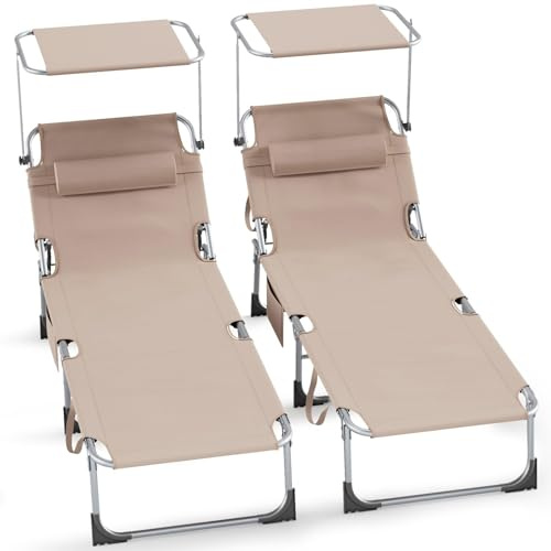 Ferzone 2 Pcs Bain de Soleil avec Pare-Soleil, Chaise Longue inclinable, Bain de Soleil Jardin Exterieur 194x68x29cm, Transat Plage Pliable Résistant, Capacité 150kg pour Piscine Terrasse, Kaki