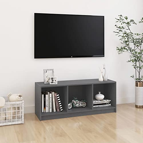 QUAHEAS TV-Schrank Grau aus massivem Kiefernholz 104x33x41 cm mit Stauraum und Schublade, Fernsehschrank Sideboard für Wohnzimmer, Kommode mit Ablage und Kabelkanal