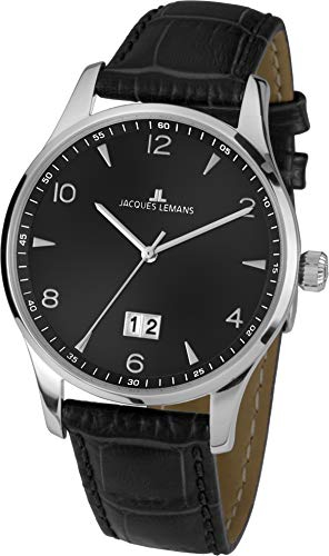 JACQUES LEMANS Herrenuhr London Lederarmband massiv Edelstahl Big Date 1-1862ZA