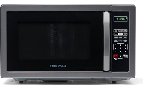 Farberware 1.1 Cu. Ft. Countertop Microwave Oven – 1000 Watts Power, Auto Cook Settings, Defrost, Easy Clean and Child Safety Lock - Stainless and Black
