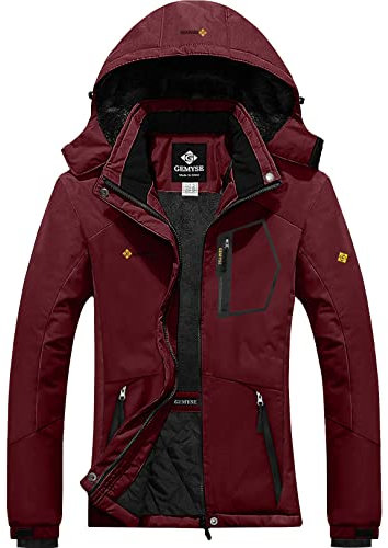 GEMYSE Damen Wasserdichte Winddichte Skijacke Winterjacke Wanderjacke Hardshelljacke Regenjacke mit Kapuze (Weinrot,2XL)