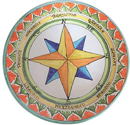 ROSA DEI VENTI + PIATTO DECORATIVO A MURO IN CERAMICA DI VIETRI DIPINTI A MANO; DIAMETRO CM. 37, ALTEZZA CM. 5 PORTAFRUTTA IDEA REGALO NATALE MADE IN ITALY
