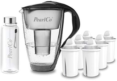 PearlCo - Glas-Wasserfilter (anthrazit) mit 3 Universal classic Filterkartuschen + 1 Trinkflasche aus Glas