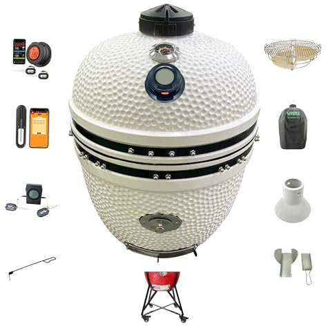 YNNI KAMADO TQTT21WH Kamado-Bündel, 53,3 cm Grill, weiß, mit Chip-Feeder, Trennung und Conquer, Kick-Asche-Korb, Abdeckung, kompletter runder Gusseisen-Rost, Keramik, Ei, Smoker, TQ0C21WH
