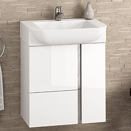 Mueble de Baño Suspendido a Pared Fondo Reducido Versa | Mueble Aseo Pequeño Volado 1 cajón 2 Puertas con Lavabo Cerámico (Blanco Brillo, 55 cm)