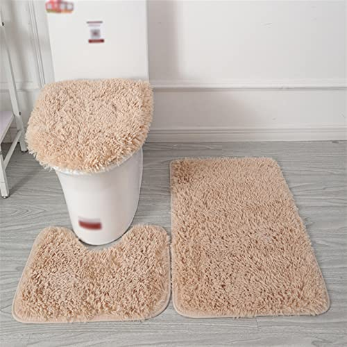 Lifup Badteppich Set 3 Teiliges, rutschfeste Shaggy Badematte, Flauschig Contour Badteppich, Langflor Toilettensitzbezug Khaki 1