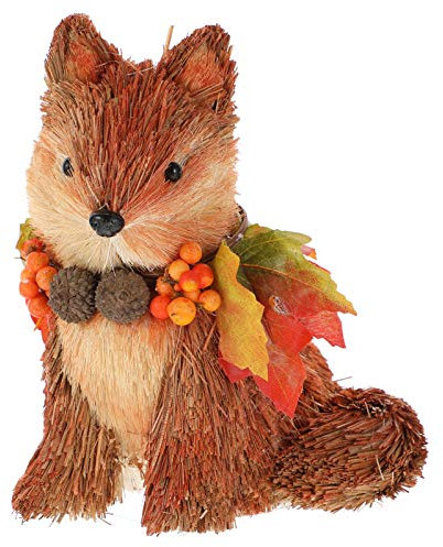 BESPORTBLE Straw Fox Figurine Fox Sculpture Decor with Berry Maple Wreath Wooden Animal Statue Woodland Animal Garden Figurine for Christmas Thanksgiving Autumn