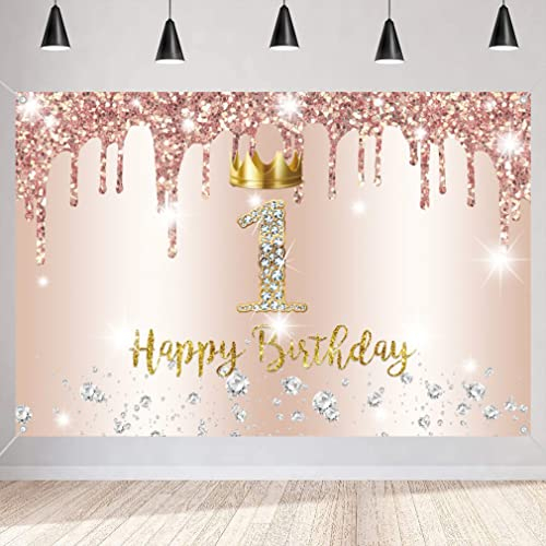 1. Geburtstag Mädchen Deko, Erster Geburtsta g Banner Roségold, Happy 1 Birthday Stoff Schild Plakat, 1. Geburtstag Hintergrund Banner Mädchen Geburtstagsfeier Deko mit Kronenelement