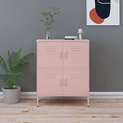 Susany Pink Steel Sideboard Cabinet with 4 Doors, 2 Adjustable Shelves, 80x35x101.5 cm for Dining Room & Living Room