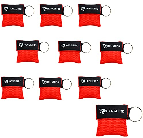 HENGBIRD 10 PCS Beatmungsmaske Schlüsselanhänger, CPR Face Shield Erste Hilfe Beatmungsmasken für Erwachsene und Kinder, Notfalltuch Taschenmaske für Erste Hilfe oder AED Training Rot