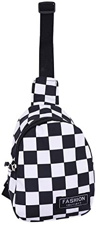 Suillty Kleine Brusttasche mit Schachbrett-Druck, Schultertasche, Umhängetasche, für Jungen und Mädchen, Reisen, Wandern, Outdoor, Schwarz, Einheitsgröße, Rucksack Rucksäcke