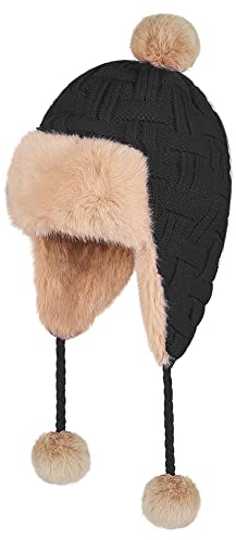 IBLUELOVER Fliegermützen Damen Trappermütze Winter Warm Russenmütze Schneedichte Skimütze mit Ohrenklappen Winddicht Strickmütze Outdoor Sport Bommel Hut Radfahren Camping Pelzmütze Peruanische Mütze