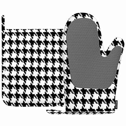 Mxocom Hahnentritt-Pixel-Ofenhandschuhe und Topflappen-Set, Schwarz und Weiß, Silikon, hitzebeständig, Küche, Ofenhandschuhe, Topflappen zum Kochen