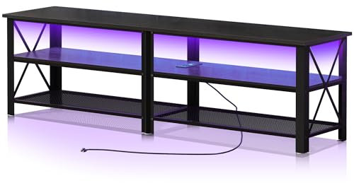 Clikuutory Modern Black 71 inch Metal TV Stand with LED Lights and Power Outlets for 50 60 65 70 75 80 Inch TVs, 3 Tier Television Stands with Entertainment Center and Storage for Living Room, Bedroom