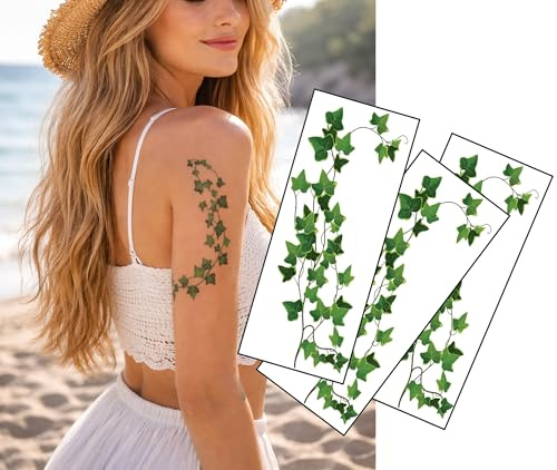 Efeu Rebe Temporäre Tattoo - Großes grünes Blatt Körper Tattoo - 3 Verbindungsstücke, 49,5cm Gesamtlänge - Gift Efeu Kostüm, Fee & Festival Tattoo
