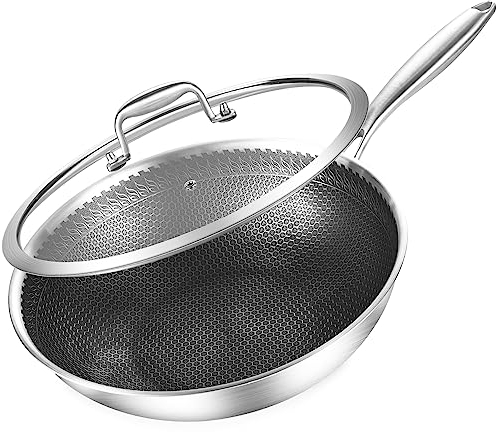 DELARLO 30,5 cm antihaftbeschichtete Wokpfanne mit Deckel, dreilagige Edelstahl-Sautépfanne mit Deckel, 315 °C, 5QT tiefe Bratpfanne, Induktions-Wok-Antihaftbeschichtung, Woks und Bratpfannen