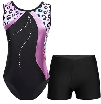 TTAO Gymnastikanzug Kinder Mädchen Turnanzug Ärmellos Ballettanzug Tanz Gymnastikbody mit Shorts Training Wettkampf Tanzkostüm Rosa Leopard 134-140