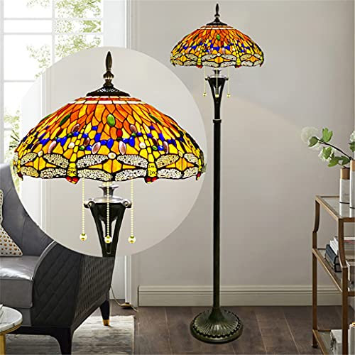Lampadaire de style Tiffany de 18 pouces, lampe en vitrail libellule orange, abat-jour en verre avec perles de cristal, éclairage de lecture antique avec base en résine, lampe sur pied de salon de
