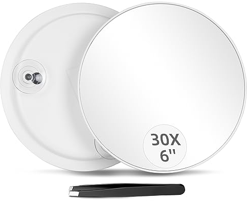 Miroir rond grossissant x 30, miroir grossissant de 15,2 cm avec trois ventouses de montage, miroir grossissant compact et pince à épiler, kit de maquillage de voyage grossissement 30x pour le rasage,