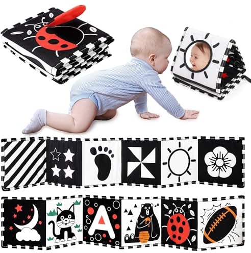 URMYWO Kontrastbuch Baby, Schwarz Weiß Doppelseitig Baby Stoffbuch, Soft Bilderbuch aus Stoff mit Spiegeln, Kinderwagen Kontrast Spielzeug Baby 0 3 6 Monate Geschenk für Babys
