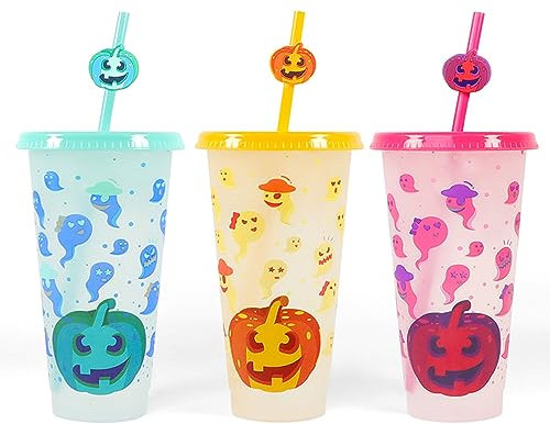EBbels Colour Changing Cups, 710ml Halloween Water Bottle with Straw and Lid, 3pcs Reusable Plastic Tumblers Pumpkin Cold Drinking Cups for Halloween Party Favors (1)