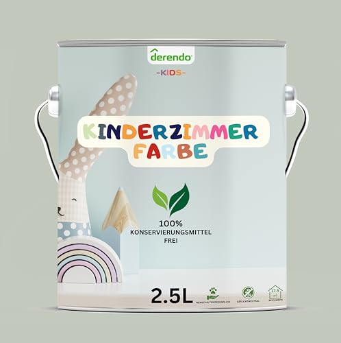 derendo Kinderzimmer Wandfarbe – Umweltfreundlich, Geruchsneutral, Hohe Deckkraft, Schadstofffrei – Farbenfrohe Auswahl pastellfarben Farbe (Grün - Dino Grün, 2,5 Liters)