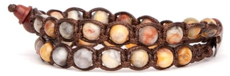 Tamashii 2-reihiges Unisex-Armband Original Tibetan aus Naturstein Fossilholz und brauner Schnur. Einheitsgröße. BHS600-78, Taglia unica, Baumwolle, fossiles Holz